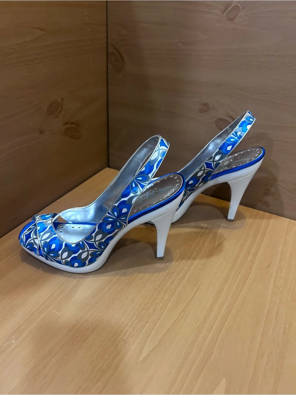 BCBG Blue and Silver Floral Peep-Toe Slingback Heels
